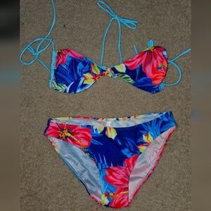 Free w/ Purchase Fuchsia Blue Tropical Floral Reversible Padded Bikini Large
